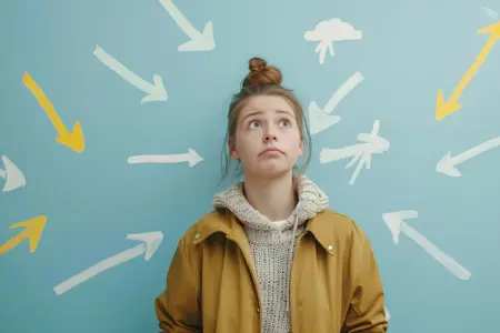 Eine junge Frau schaut fragend und steht mit dem Rücken an einer Wand, auf der ganz viele Pfeile aufgezeichnet sind.