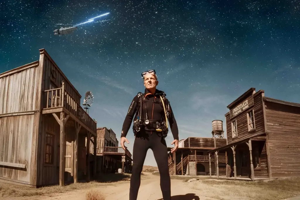 Ein Mann im Taucheranzug in einer Wildwest-Stadt