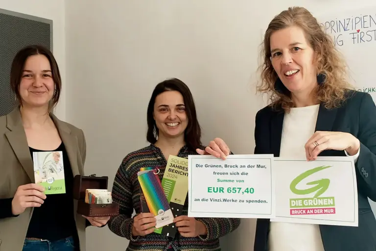 Spende von Brucker Grünen Drei Frauen halten unterschiedlichen Broschüren und Zettel in den Händen.