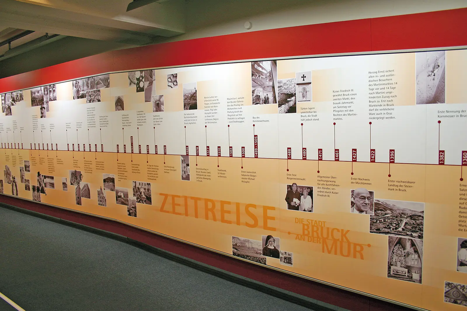 Eine große Schautafel mit einer Zeitlinie und Fotos