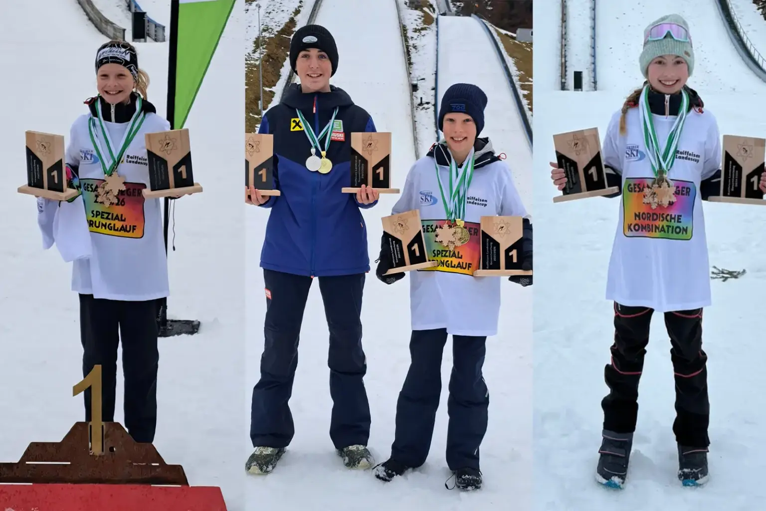 Mit Heimvorteil zu acht Siegen Vier junge Menschen mit Pokalen und Medaillen in der Hand.