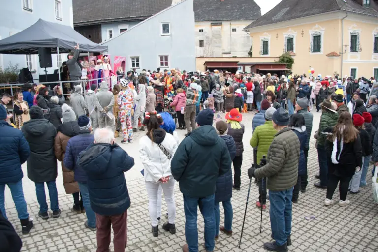 Verkleidete Menschen beim Faschingsumzug mit Besuchern.