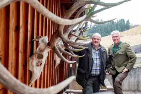 Der Amtsschimmel ist kein jagdbares Wild Zwei Männer neben einer mit Hirschtrophäen geschmückten Wand