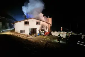 Ein Haus, über welche eine große Rauchwolke zu sehen ist. Dafür stehen einige Feuerwehrmänner.