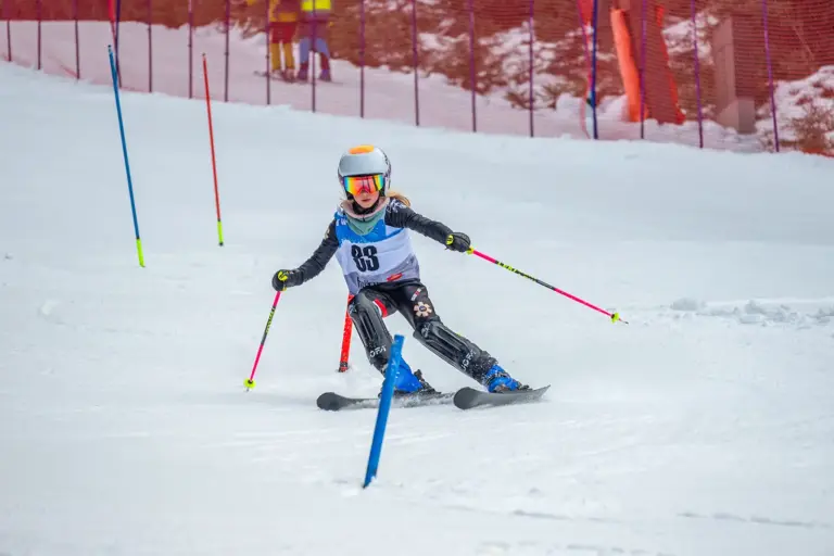Finale im Schibezirkscup Ein kleines Mädchen auf Schi fährt durch Slalomstangen.