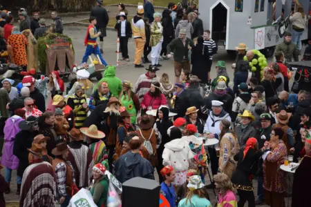 Viele Menschen bei einem Faschingsumzug.