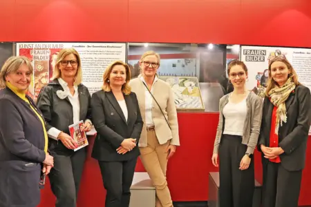 Sechs Frauen vor einer Wand mit Schautafeln