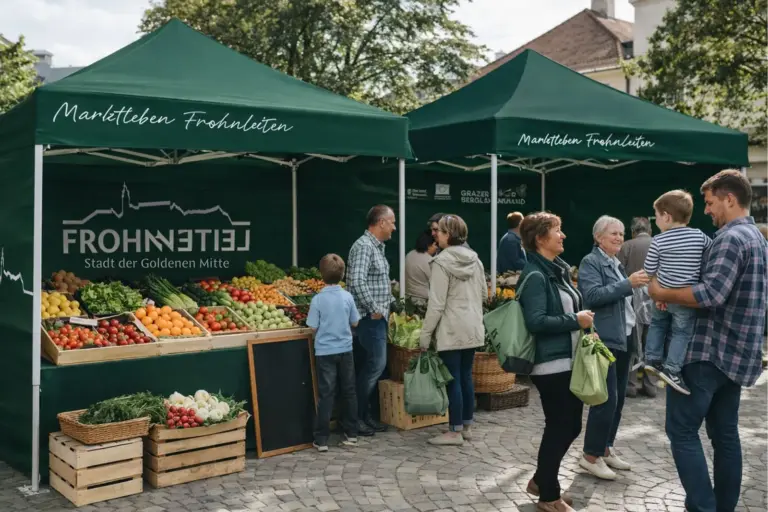 Mehrere Personen stehen an Marktständen