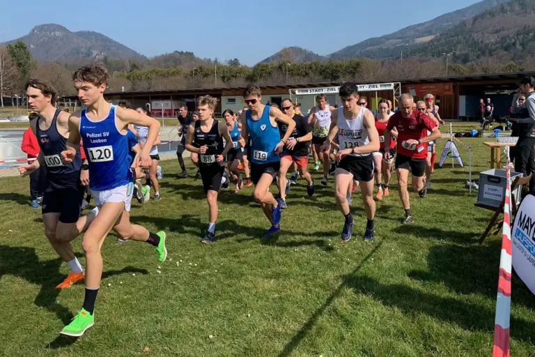 Eine Gruppe von Menschen läuft auf einer Wiese.