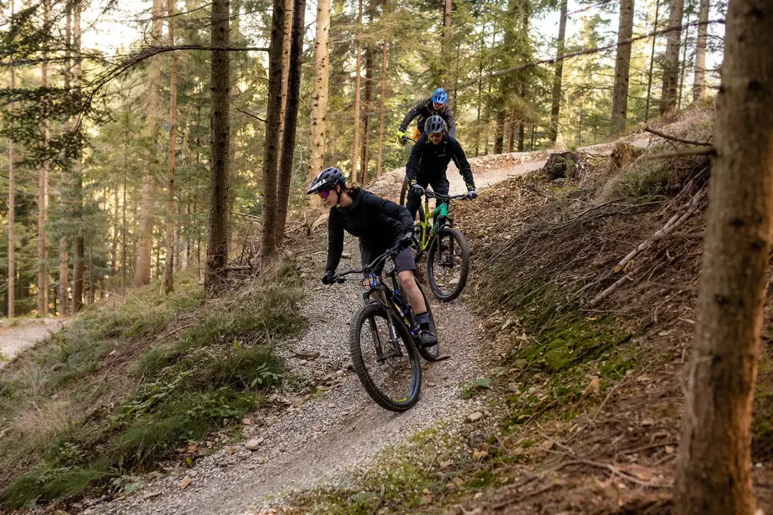 Drei Mountainbiker auf einer als Trail mit Steilkurven ausgebauten Abfahrt durch einen Wald