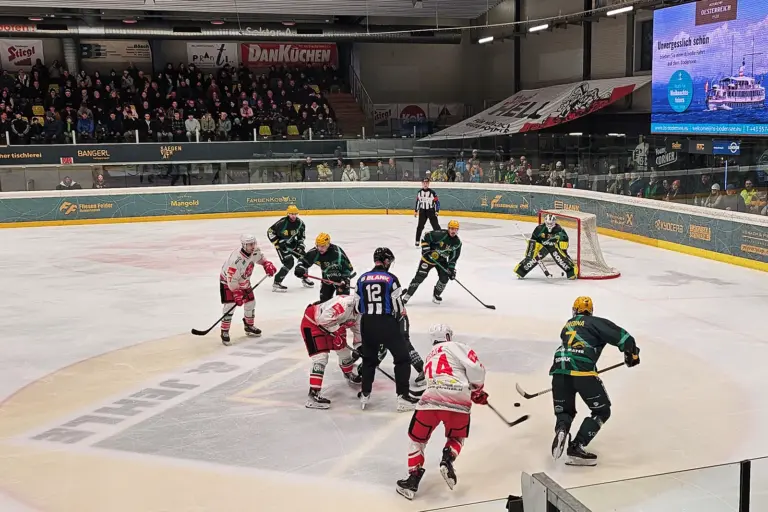 Ein Szene aus einem Eishockeyspiel in einer Halle mit vielen Zusehern.