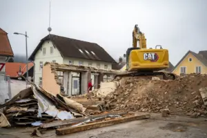 Ein Bagger steht auf einem Schutthaufen, daneben sind noch die letzte Reste eines Gebäudes zu sehen.