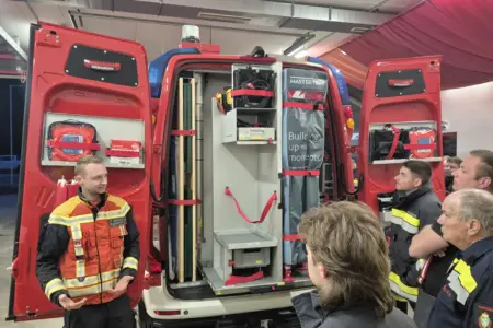 Neues Fahrzeug für die Einsatzleitung Mehrere Personen in Uniform vor einem Kastenwagen mit geöffneten Türen