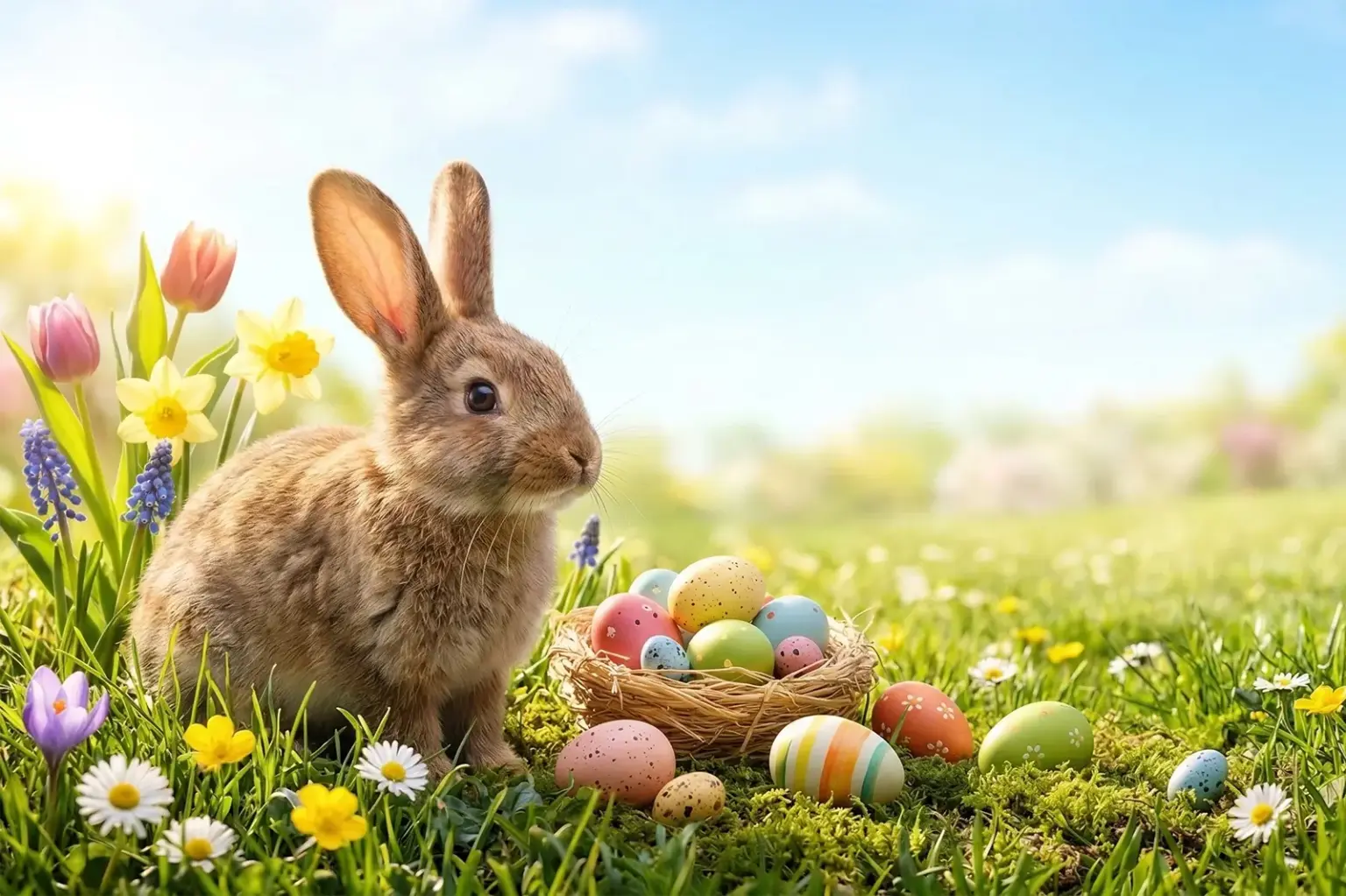Ein Hase sitzt auf einer Frühlingswiese, vor ihm steht ein Korb mit Ostereiern.