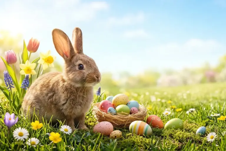 Die Rundschau spielt Osterhase Ein Hase sitzt auf einer Frühlingswiese, vor ihm steht ein Korb mit Ostereiern.