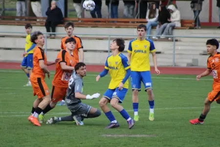 Fußballer kämpfen um einen Ball.