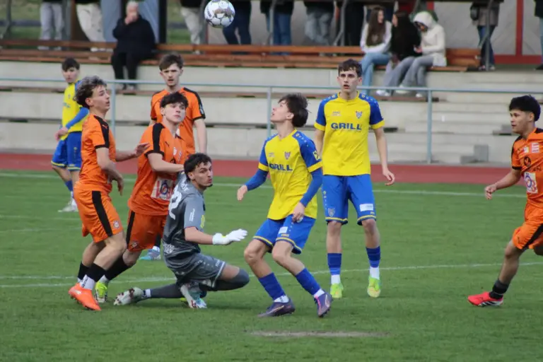 Fußballer kämpfen um einen Ball.