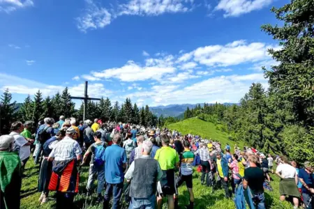 Viele Personen stehen auf einer Wiese rund um ein Gipfelkreuz
