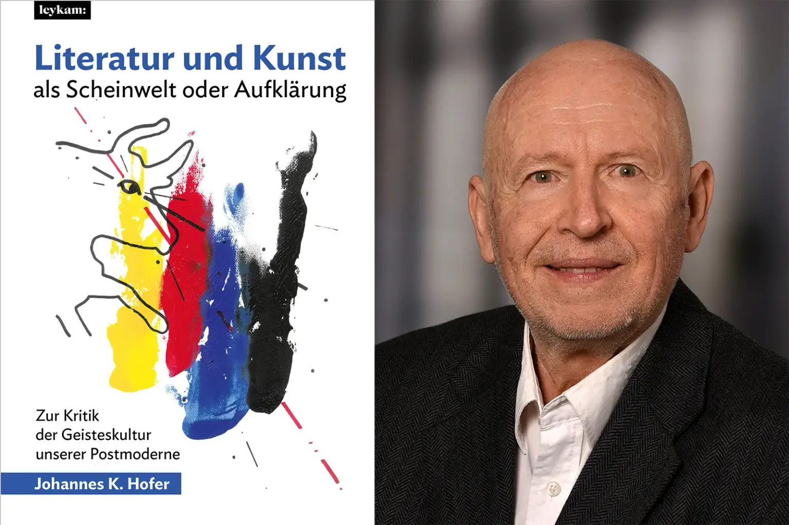 In der linken Bildhälfte ein Buchumschlag, rechts das Porträt eines Mannes mit Glatze