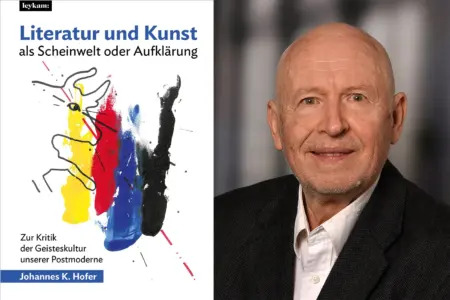 In der linken Bildhälfte ein Buchumschlag, rechts das Porträt eines Mannes mit Glatze