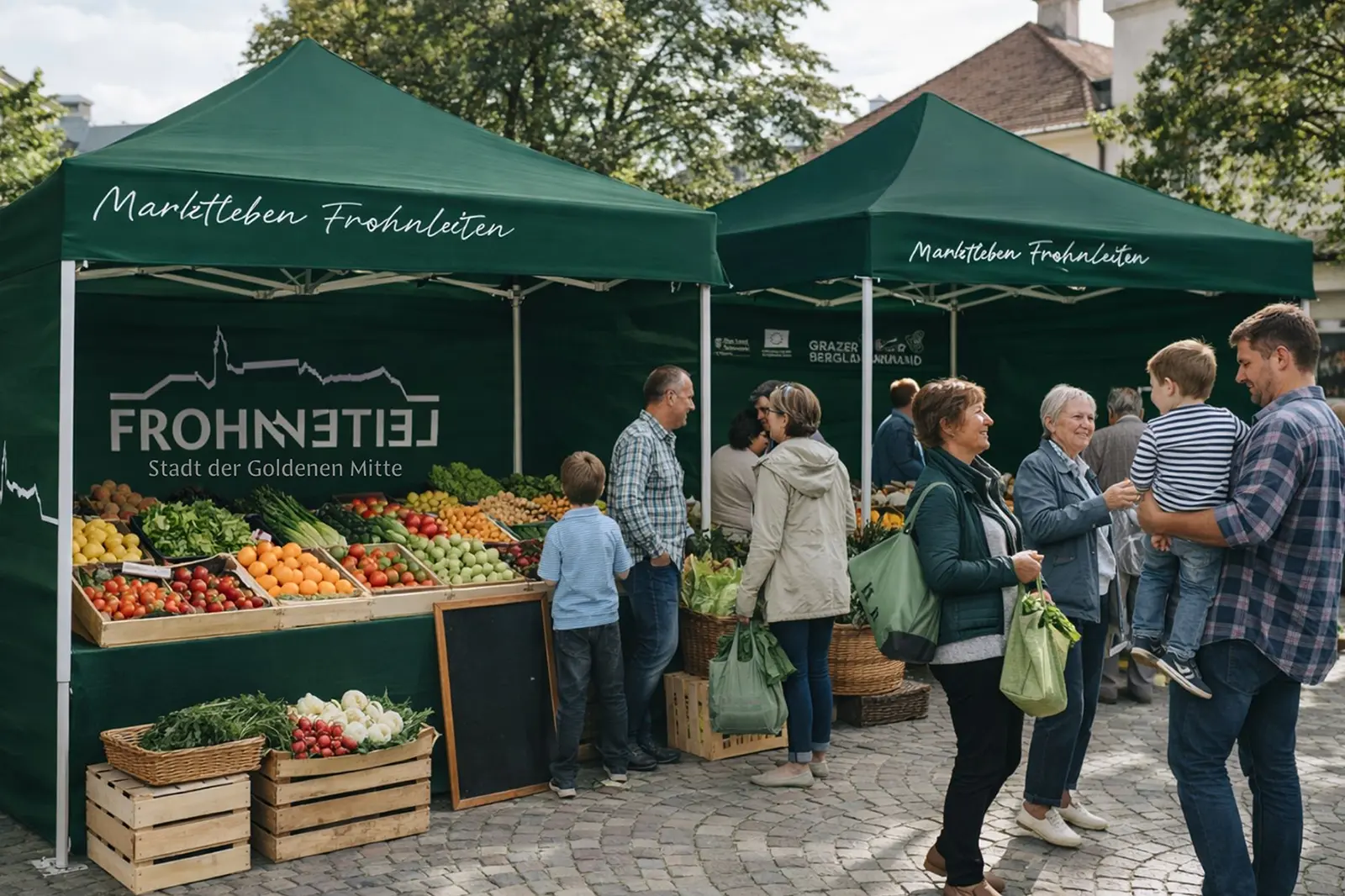 Eine Gruppe von Menschen an überdachten Marktständen mit Obst und Gemüse