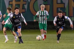 Vier Spieler kämpfen um den Ball.