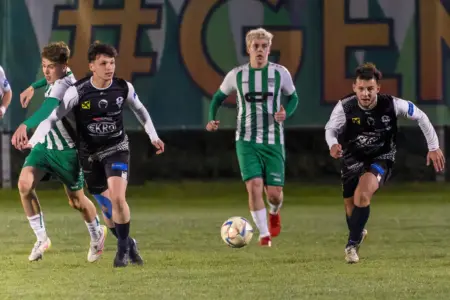 Vier Spieler kämpfen um den Ball.