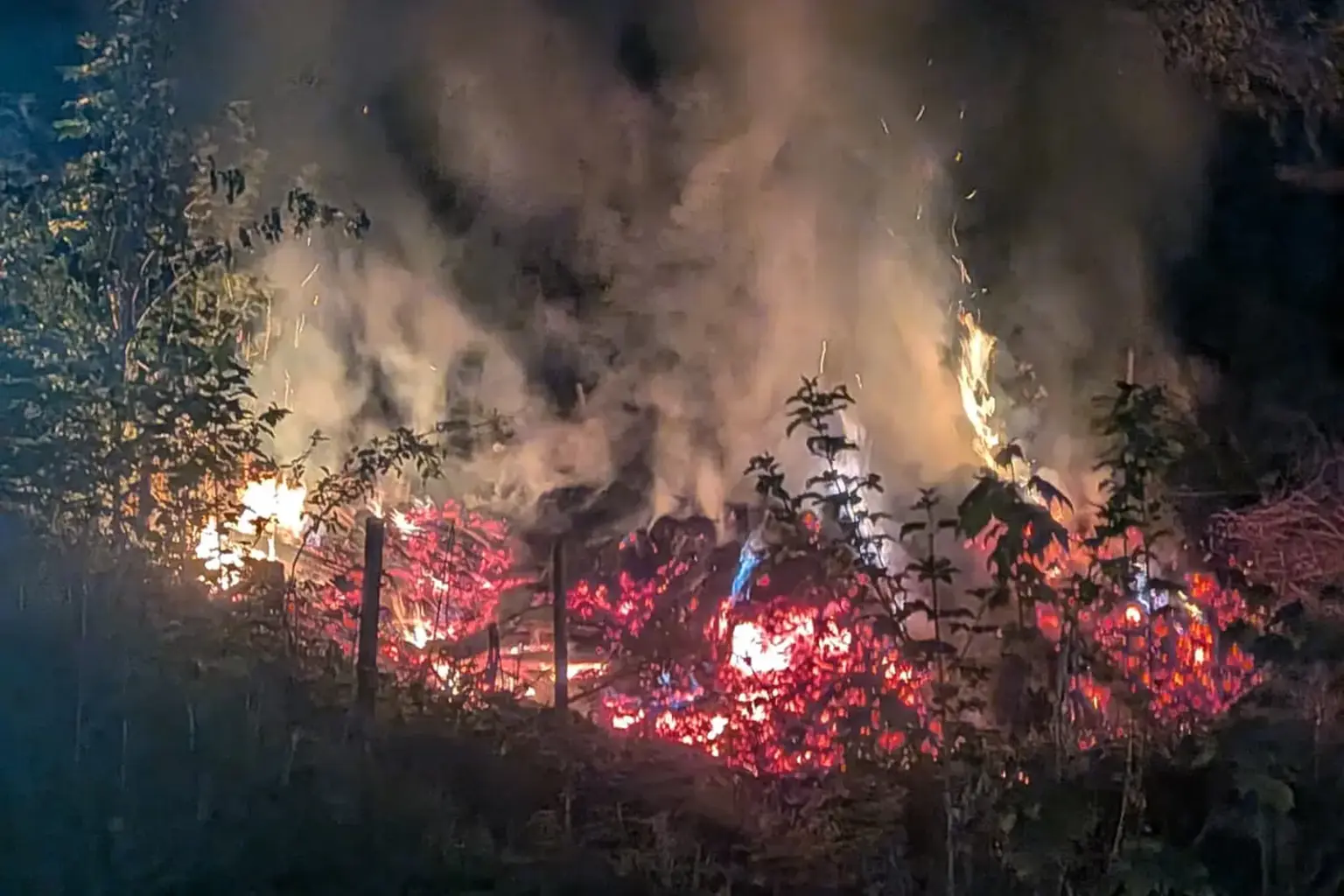 Wiesenbrand in der Langenwanger Schwöbing In einem bewaldeten Bereich brennt ein Feuer mit starker Rauchentwicklung. Glühende Äste und Flammen sind zwischen Pflanzen und Bäumen in der Dunkelheit sichtbar.