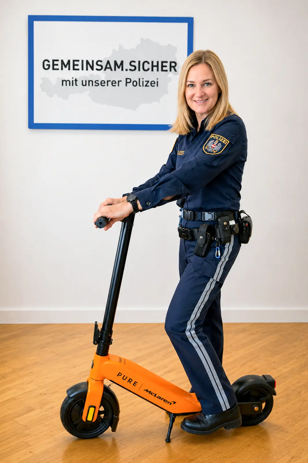Eine Polizistin mit einem E-Scooter. Dahinter eine Tafel mit der Aufschrift "Gemeinsam sicher mit unserer Polizei".
