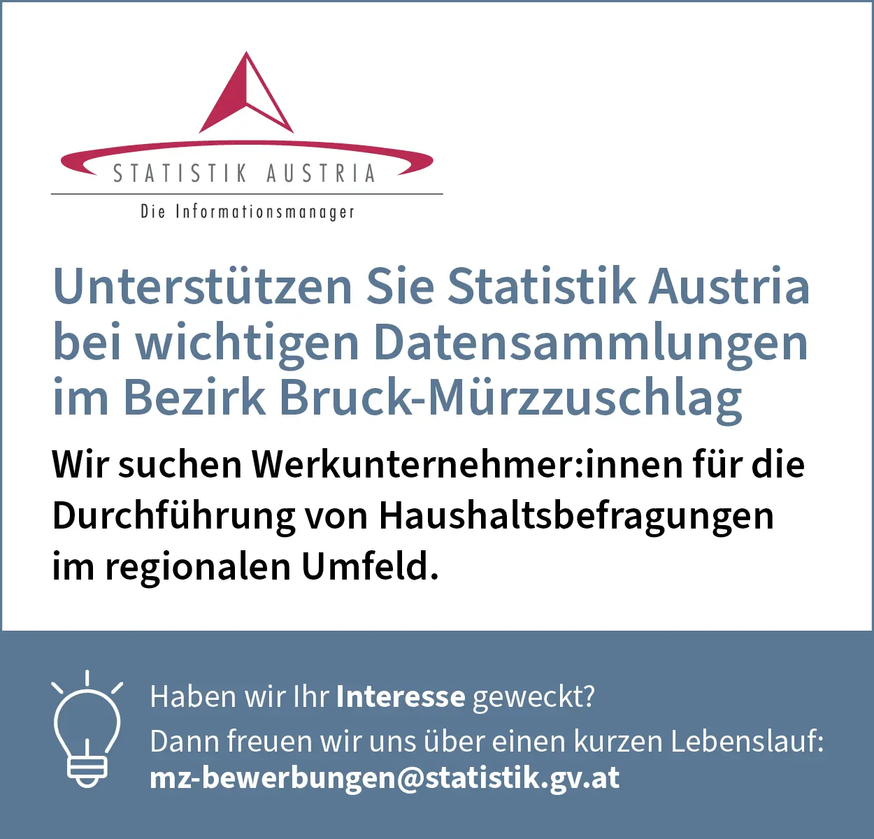 Unterstützen Sie Statistik Austria im Bezirk Bruck-Mürzzuschlag
