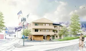 Wohnprojekt im Walder Ortskern Grafische Darstellung eines zweistöckigen Wohnhauses mit Holzfassade