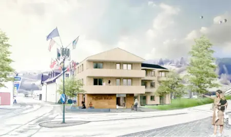 Grafische Darstellung eines zweistöckigen Wohnhauses mit Holzfassade