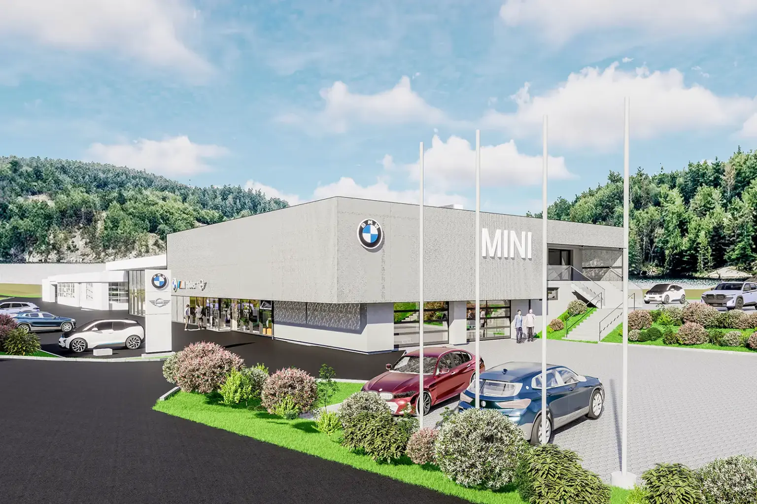 BMW Huber stockt in Bruck auf Visualisierung eines modernen Autohauses.
