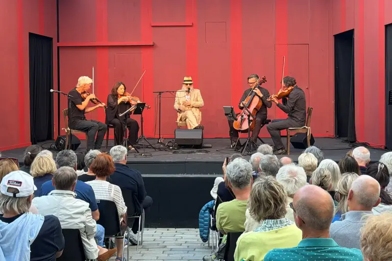 Fünf Musiker spielen vor Publikum auf einer Bühne