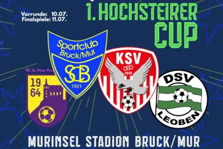 Vier Fußball-Traditionsvereine kämpfen um den Hochsteirercup Vier Logos von Fußballvereinen und der Hinweis auf den Hochsteirercup.