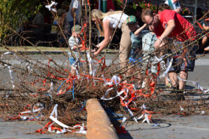 Mehrere Personen pflücken Dinge von einem auf der Straße liegenden Baum