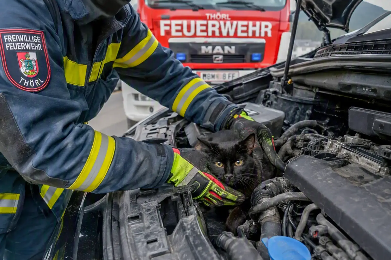 Thörl: Katze aus Motorraum befreit Eine schwarze Katzer im Motorraum eines Autos, gehalten von einer Person in Feuerwehr-Einsatzkleidung.