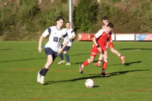 Vier Fußballer laufen einem Ball hinterher.