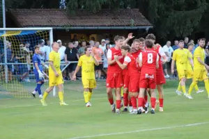 zwei Fußballmannschaften, dahinter Fans.