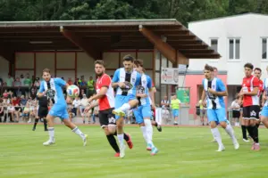 Fußballer im Kampf um den Ball.