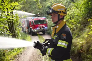 Ein Feuerwehrmann steht mit einem Löschschlauch vor einem Feuerwehrauto im Wald