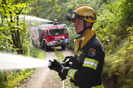 FF Krieglach: Zur Einsatzübung nach Kärnten Ein Feuerwehrmann steht mit einem Löschschlauch vor einem Feuerwehrauto im Wald