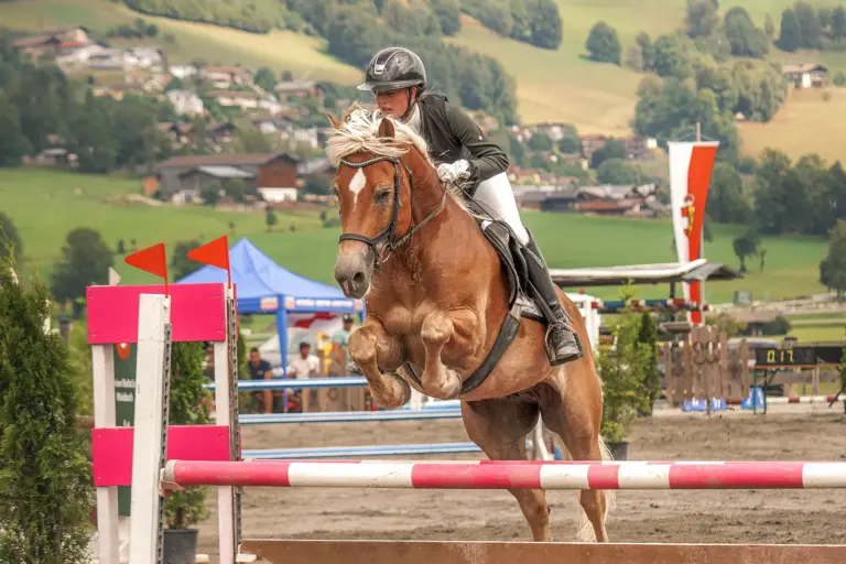 Eine Reiterin auf einem braunen Pferd überwindet bei einem Springreitturnier ein rot-weißes Hindernis. Im Hintergrund ist eine grüne Hügellandschaft mit Häusern zu sehen.
