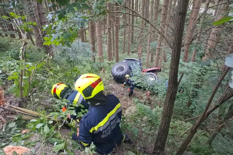 Mehrere Feuerwehrleute in Schutzkleidung und mit gelben Helmen befinden sich an einem bewaldeten Hang. Weiter unten im Wald liegt ein umgestürzter Traktor, dessen große Räder nach oben zeigen.