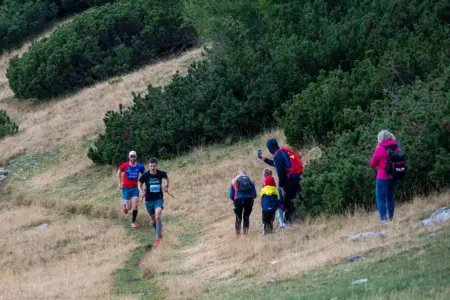 Georg-Leitner-Gedenklauf: In 43 Minuten auf die Bürgeralm Zwei Läufer bewegen sich auf einem schmalen Bergweg bergauf. Am Streckenrand stehen mehrere Zuschauer und Wanderer zwischen Wiesen und Latschenkiefern.