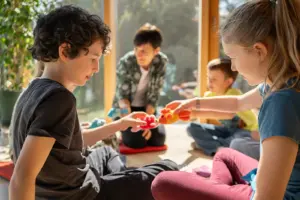 Vier Kinder beim Spielen in einem großen Raum