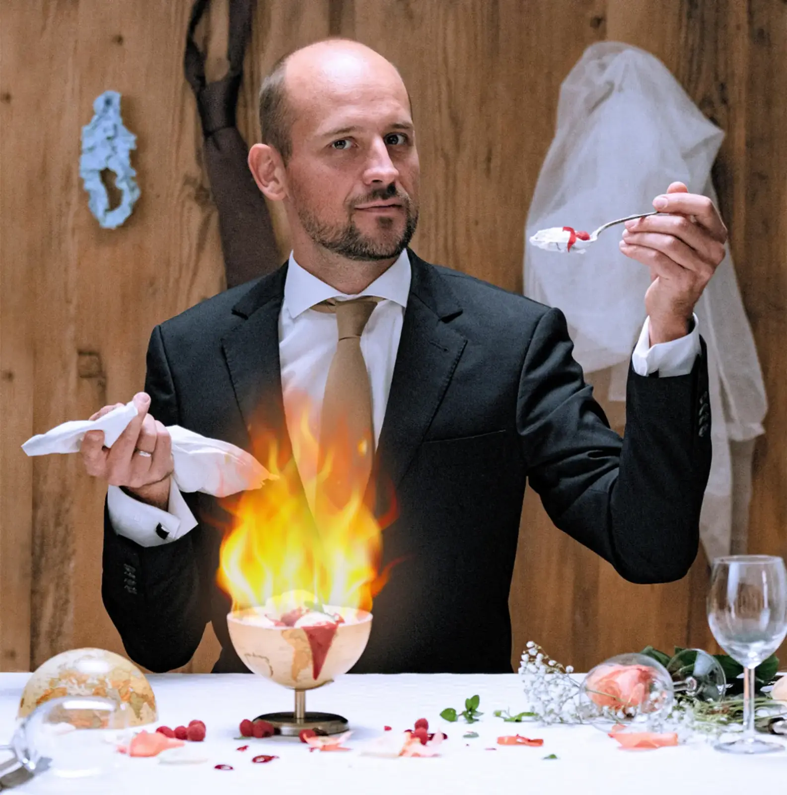 Ein Mann sitzt an einem Tisch mit einer flambierten Speise
