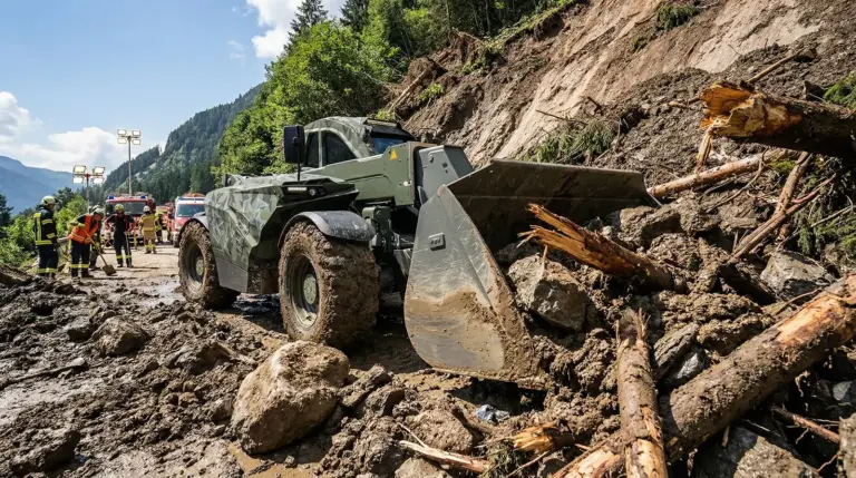 Mit dem leichten Carbon zum globalen Schwergewicht Ein schweres Baufahrzeug mit militärischer Optik im Räumeinsatz.