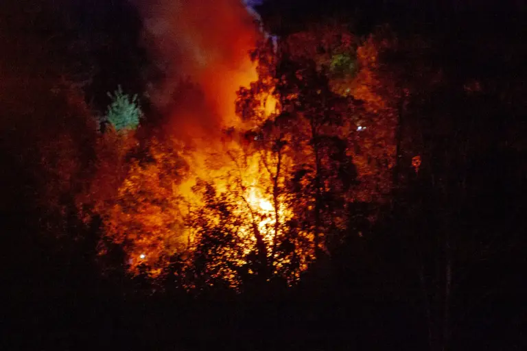 Brand auf dem Brucker Kalvarienberg Ein brennendes Waldstück bei Nacht