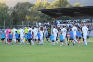 Eine Fußballmannschaft wird von Kindern auf das Spielfeld begleitet.